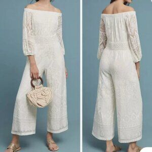 Anthropologie x Farm Rio Elliot Off-The- Shoulder Off White Lace Jumpsuit